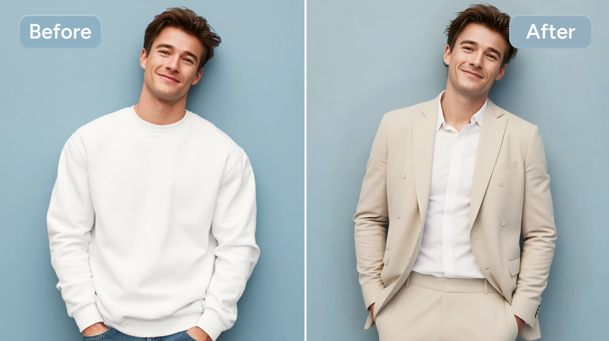 before and after effect of changeing the man's white sweater into a linen suit in aiease clothes changer
