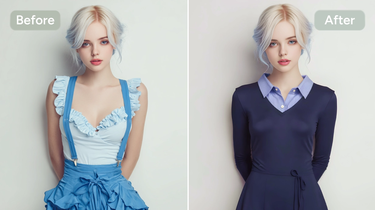 before and after effect of changing the girl's blue dress into a dark blue kpop outfit in aiease clothes changer