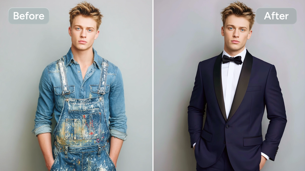 before and after effect of changing the male's denim outfit into a black and white wedding suit