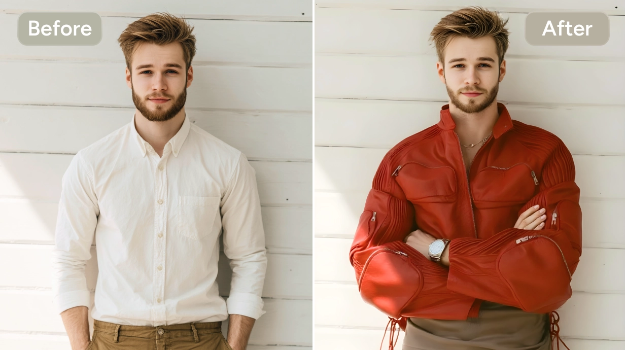 before and after effect of changing the man's white casual suit into red y3k clothes in aiease clothes changer