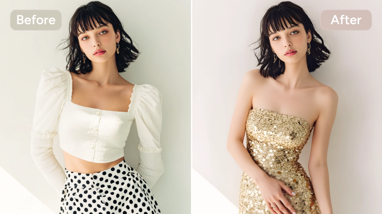 before and after effect of replacing girl's white top and polka dot skirt with a golden party strapless dress