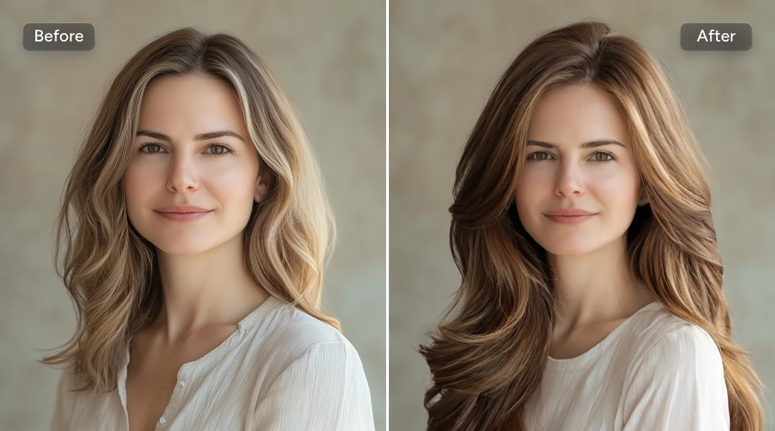 before and after effect of replacing girl's white top and polka dot skirt with a golden party strapless dress