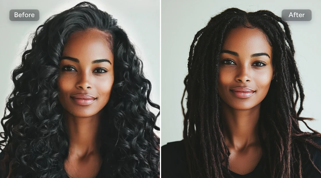 before and after effect of changing girl's grey suit into a green beachwear in aiease hair style changer