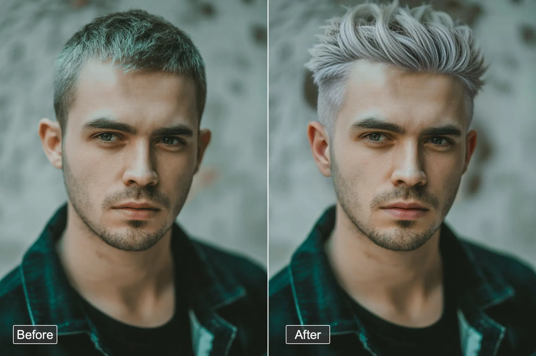 before and after effect of changing the man's white casual suit into red y3k hair style in aiease hair style changer